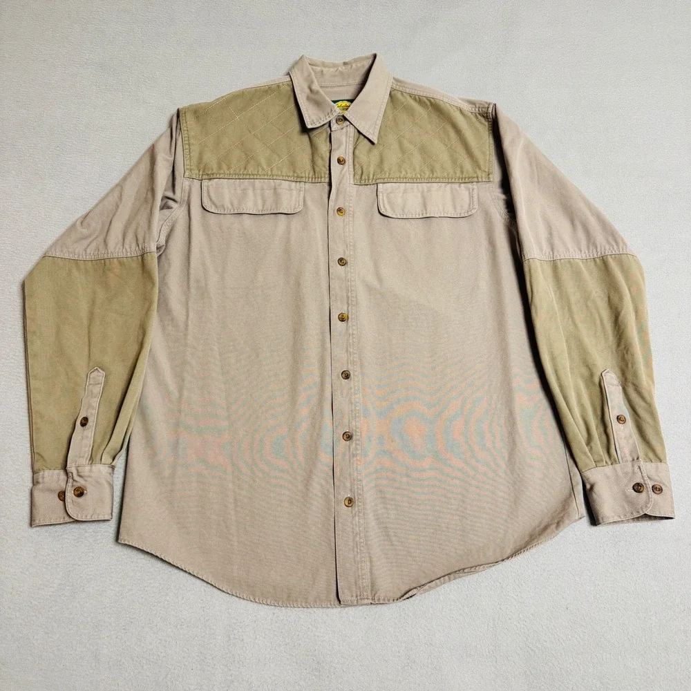 Cabelas Shooting Shirt Mens L Tall Tan Cotton‎ Canvas Hunting Quilted Shoulder